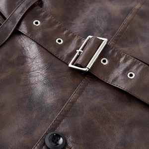 Men's mid-length PU leather trench coat in dark brown with waist belt and retro buttons