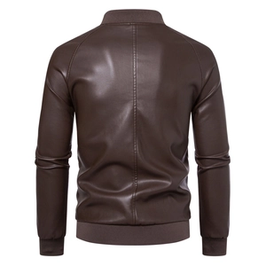 Back view of brown PU leather jacket with ribbed cuffs and stand collar detail