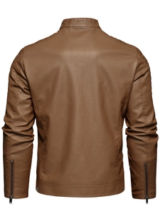 Men's brown motorcycle faux leather jacket with quilted shoulders and stand collar back view