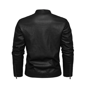 Detailed rear view of black faux leather motorcycle jacket with stand collar and zipped cuffs