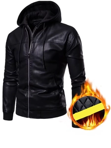 Men's faux leather hooded biker jacket with warm quilted lining and ribbed cuffs