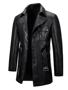 Men's mid-length matte black PU leather trench coat with waist belt and lapel collar