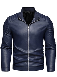 Men's navy blue PU leather biker jacket with stand collar and quilted shoulders detail