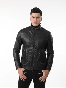 Men's slim fit black PU leather jacket with stand collar and sleek zipper closure