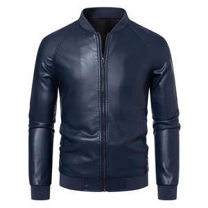 Detailed view of navy blue PU leather jacket with ribbed stand collar and full zipper