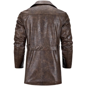 Men's mid-length brown PU leather trench coat with vintage texture and back belt detail