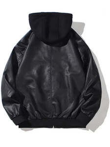 Back view of black hooded PU leather jacket with ribbed cuffs and hem for men