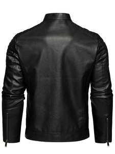 Back view of black motorcycle leather jacket with stand collar and quilted shoulder stitching