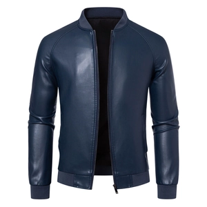 Detail view of navy blue PU leather bomber jacket showing elastic ribbed cuffs and collar