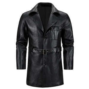 Classic men's black PU leather mid-length trench coat with lapel collar and waist belt
