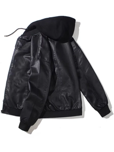 Men's black hooded PU leather biker jacket with detachable hood and ribbed cuffs