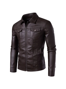 Men's dark brown PU leather jacket with classic lapel collar and zip-up motorcycle style