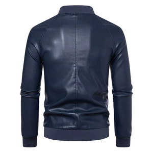 Rear view of navy blue PU leather jacket with ribbed baseball collar and raglan sleeves