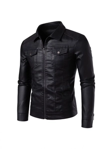 Mens slim fit black faux leather motorcycle jacket with front pockets and metallic zipper