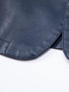 Macro view of dark blue PU leather jacket with lychee texture and precision stitching