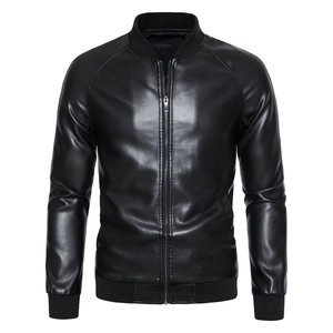 Detail view of black PU leather bomber jacket with ribbed collar and metal zipper