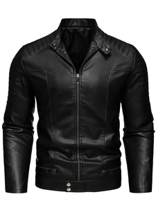 Men's slim fit black faux leather biker jacket with stand collar and quilted shoulders
