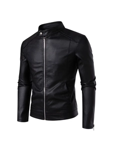 Giacca da moto slim fit in ecopelle nera da uomo con colletto alla coreana e zip metalliche