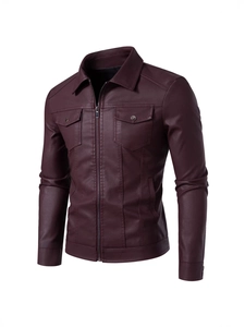 Slim fit men's burgundy PU leather motorcycle jacket with front pockets and lapel collar