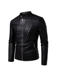 Men's black PU leather motorcycle jacket featuring a stand collar and metallic zippers