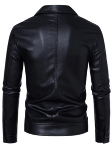 Slim fit men's black PU leather biker jacket with lapel collar and detailed back stitching