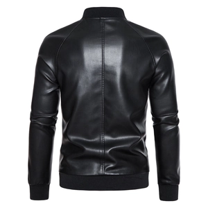 Detail of the back of a black PU leather jacket featuring ribbed cuffs and vertical stitching