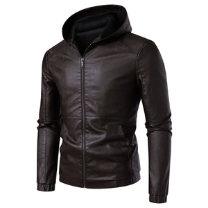 Close-up of men's dark brown leather hooded jacket with black mesh lining and front zipper