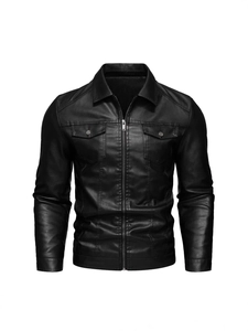 Men's slim fit black PU leather jacket with lapel collar and chest pockets