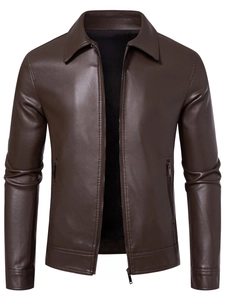 Classic men's brown PU leather motorcycle jacket with lapel collar and zip pockets