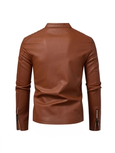 Brown PU leather motorcycle jacket for men featuring stand collar and quilted shoulders