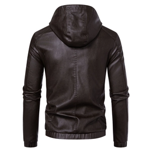 Back view detail of brown faux leather jacket for men with hooded design and ribbed hem