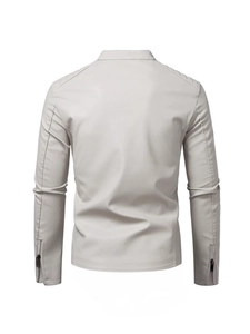 Back view of slim fit faux leather jacket with stand collar and quilted shoulder details