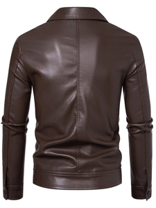 Back view of brown PU leather biker jacket with lapel collar and slim fit tailoring