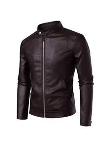 Giacca da uomo in pelle PU marrone scuro con colletto alla coreana e stile biker