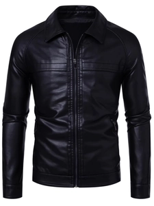 Men's slim fit black PU leather jacket with lapel collar and metal zipper pockets