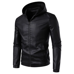 Detailed view of black hooded PU leather jacket featuring zippered front and ribbed cuffs