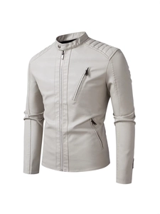 Men's slim-fit stand collar PU leather jacket in light grey with quilted shoulder detail