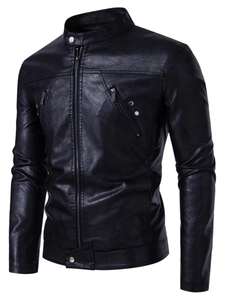 Men's Stand Collar PU Leather Jacket Slim Fit Motorbike Racing Coat Windproof Casual Fashion Outerwear Motorcycle Biker Jacket For Men