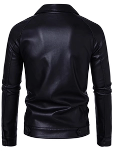 Men's black PU leather biker jacket featuring a sleek back view and adjustable metal buckles