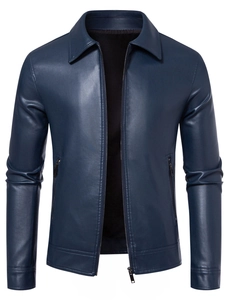 Classic dark blue PU leather biker jacket for men featuring a lapel collar and zip pockets