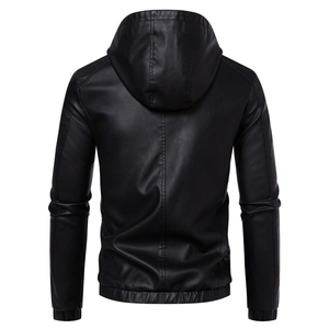 Back view of men's hooded faux leather jacket showing pebbled texture and ribbed hem