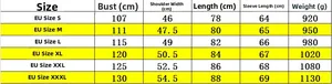 Detailed size chart for men's PU leather jacket including bust, length, and shoulder specs