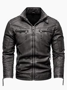 Men Vintage PU Leather Jacket Stand Collar Motorcycle Coat Multi Pocket Outwear Faux Leather Biker Jacket For Casual Wear