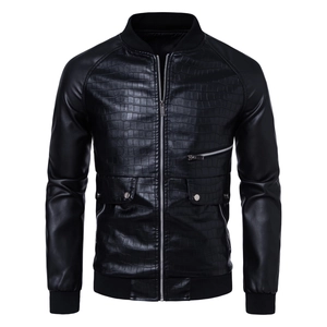 Detail of men's black PU leather jacket with textured crocodile pattern and rib-knit cuffs