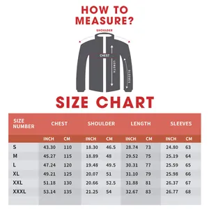 Size chart for PU leather biker jacket with chest, shoulder, length, and sleeve measurements