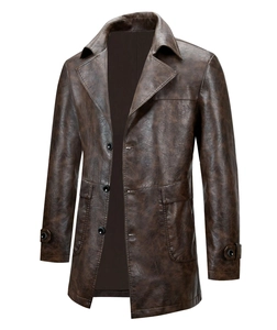 Detailed view of dark brown faux leather jacket with lapel collar and large flap pockets