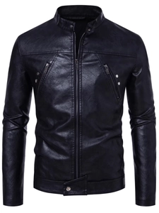 Men's slim fit black PU leather racing jacket with stand collar and silver zippers
