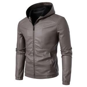 Detail of men's hooded faux leather jacket with ribbed cuffs and textured PU material