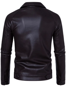 Deep brown men's PU leather motorcycle jacket with slim fit design and back view detail