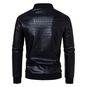 Detail view of men's black bomber jacket with crocodile embossed texture on the back